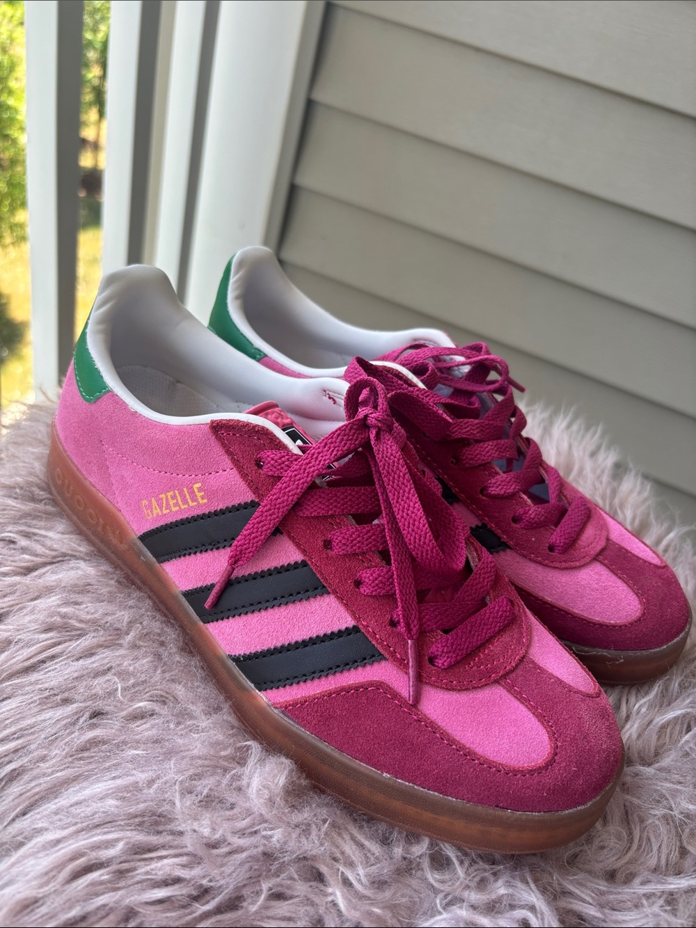 Gucci Gazelle Pink Two-Tone Suede Sneakers with Black Stripes and Green Heel